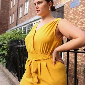 Plus Surplice Neck Belted Sleeveless Jumpsuit